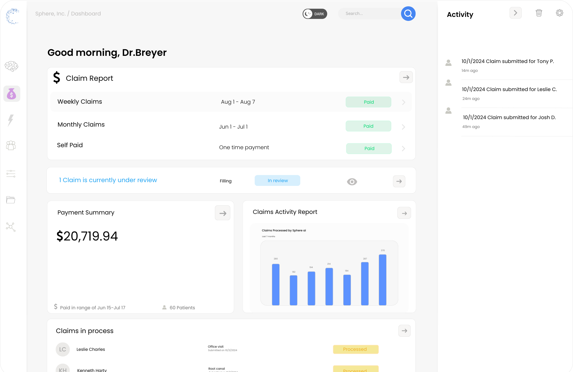 Medical billing interface on Sphere Intelligy app, automating payment processing for healthcare providers.